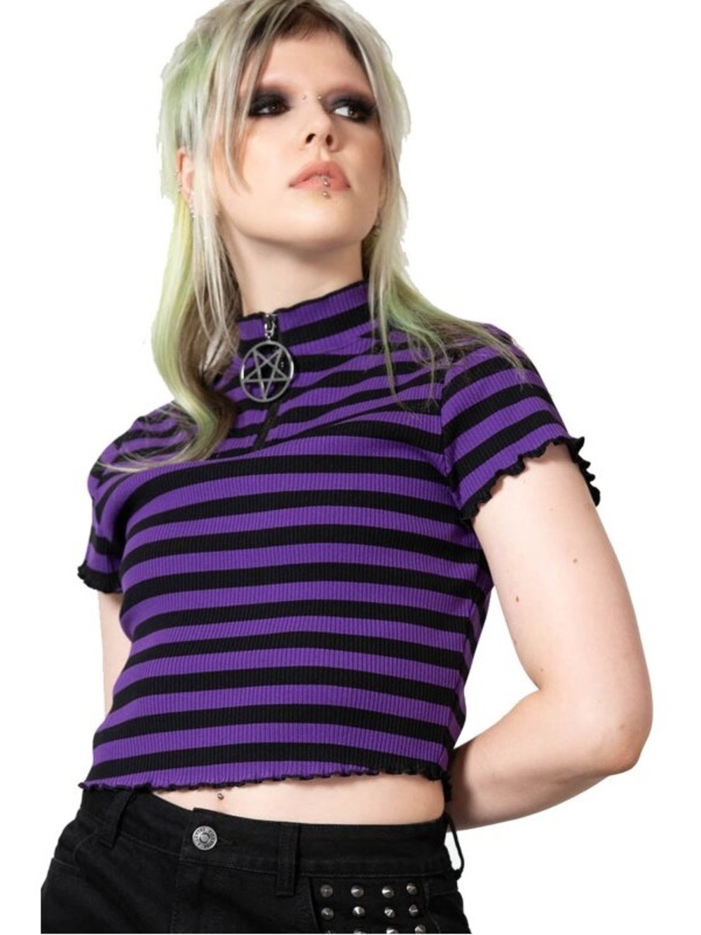Killstar Malkin Striped Crop Ribbed Short Sleeve Quarter Zip Tee
